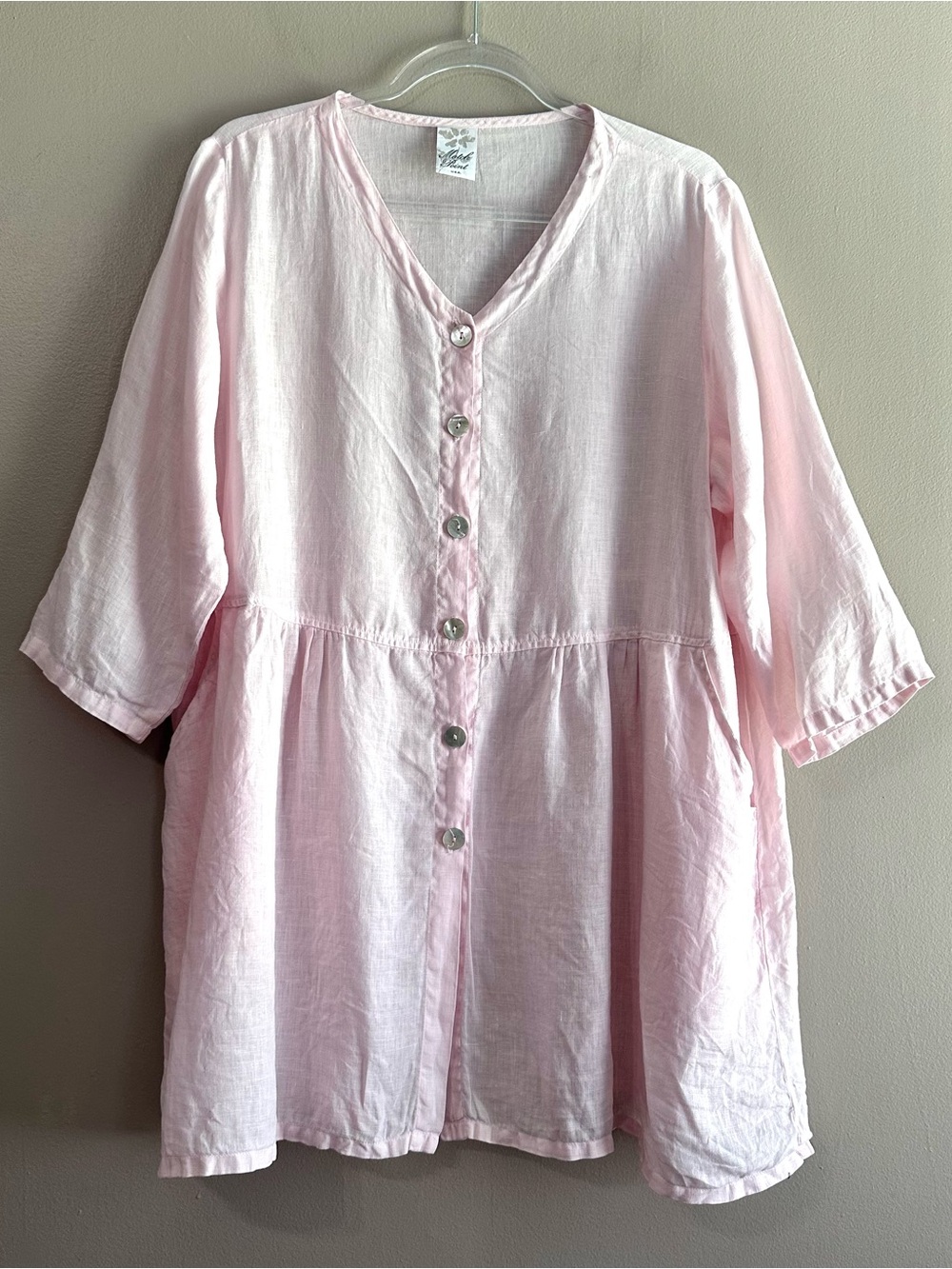 Match Point Light Pink Linen Buttondown Babydoll Lagenlook Tunic Womens Small